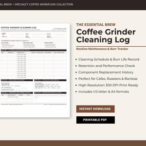 Rengöringslogg för kaffekvarn | Rutinmässigt underhåll, spårning av grader (PDF)