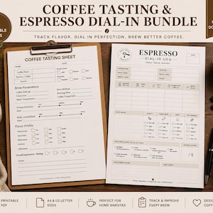 May include: A coffee tasting and espresso dial-in bundle with two printable pages. The bundle includes a coffee tasting sheet and an espresso dial-in log. The image also includes a coffee cup, a portafilter, a pen, and a bowl of coffee beans.