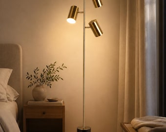 Brassed Gold 3 Light Tree Floor Lamp with Triple Spot Heads, Modern Metal Standing Lamp with Rotary Switch for Living Room Bedroom