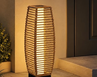 26.75 Inch Solar Rattan Outdoor Floor Lamp, Waterproof Wicker Patio Lantern, Warm White LED Garden Path Deck Light