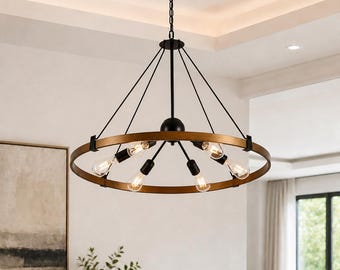 31.5 Inch 6 Light Black Gold Wagon Wheel Chandelier, Round Industrial Dining Room Light, Modern Farmhouse Ceiling Fixture for Living Room
