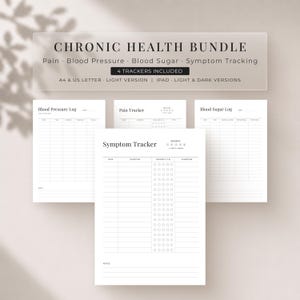 Puede incluir: Un paquete digital de salud crónica que incluye cuatro rastreadores para dolor, presión arterial, azúcar en sangre y síntomas. Las páginas blancas contienen columnas para fechas, horas y niveles de gravedad, con texto sobre formatos.