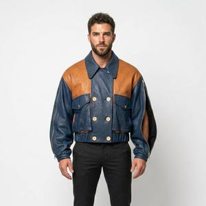 Men 80s Bomber Vintage Jacket Blue Lamb Leather Two-Tone Tan Patchwork Aviator Style