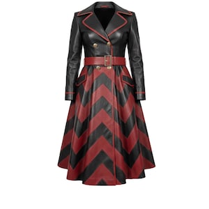 Women Patchwork Leather Coat Handmade Belted Vintage outfit Trench Frock Dress