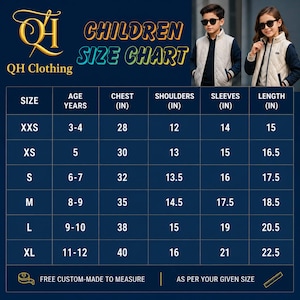 May include: A QH Clothing children size chart with a dark blue background. The table lists sizes XXS to XL with corresponding age, chest, shoulder, sleeve, and length measurements in inches. Two children wearing quilted vests are pictured at the top.