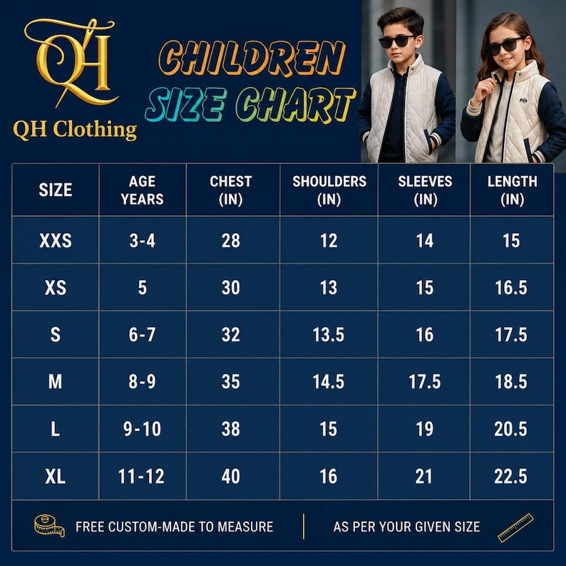 May include: A QH Clothing children size chart with a dark blue background. The table lists sizes XXS to XL with corresponding age, chest, shoulder, sleeve, and length measurements in inches. Two children wearing quilted vests are pictured at the top.