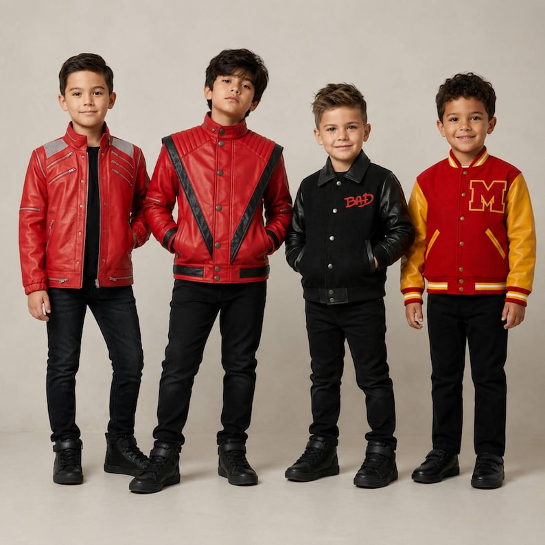 May include: Four jackets worn by children: a red leather jacket with silver zippers, a red leather jacket with black V-shaped panels, a black varsity jacket with the word BAD in red, and a red and yellow varsity jacket with a yellow letter M.