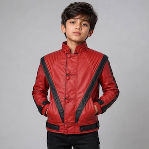 May include: A red jacket with black accents, featuring a high collar, vertical quilted shoulder panels, and a front button closure. The design includes black stripes running diagonally from the shoulders to the waist and black trim at the cuffs.
