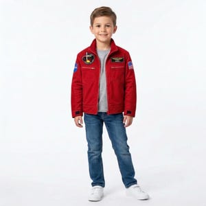 Könnte beinhalten: Eine rote Jacke mit Stehkragen, Frontreißverschluss und mehreren gestickten Aufnähern, darunter ein NASA-Logo, ein kreisförmiges Emblem und eine kleine amerikanische Flagge am Ärmel, getragen über einem grauen T-Shirt mit blauer Jeans und weißen Turnschuhen.