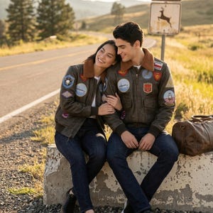 May include: Two matching dark brown leather bomber jackets with tan faux fur collars, featuring various colorful embroidered patches on the chest and sleeves, paired with dark blue denim jeans and black sneakers, alongside a brown leather duffel bag.
