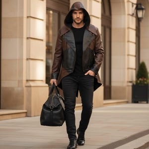 Op de afbeelding: Een bruine en zwarte leren jas met capuchon, een zwart shirt en een zwarte broek. De jas heeft een uniek ontwerp met een lange rug en een capuchon. Een zwarte leren duffelbag wordt vastgehouden. De persoon loopt op een stoep.