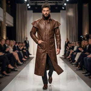 Puede incluir: Un abrigo largo de cuero marrón con un diseño de hombros tipo capa, usado sobre pantalones negros y zapatos marrones. El abrigo largo tiene una botonadura frontal y bolsillos. El modelo camina por una pasarela.