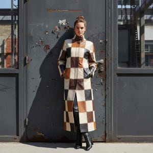 Peut inclure: Un long manteau en cuir patchwork avec un motif en damier noir, marron, beige et crème. Le manteau a un col montant et est porté avec des bottes noires. Le manteau arrive au genou et a une fente dans le dos.