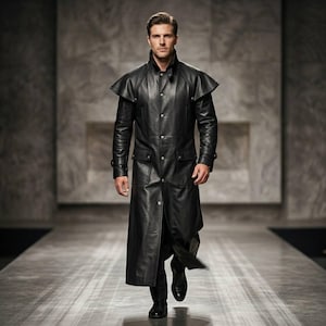 May include: A long, black leather coat with a cape-like shoulder design. The coat has a button-down front, two front pockets, and a high collar. The model is wearing black boots. The coat is a stylish outerwear garment.