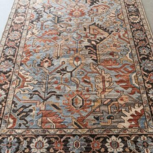 May include: A rectangular area rug featuring a complex pattern of floral and geometric motifs in shades of light blue, rust orange, dark brown, and cream. The rug has a wide decorative border and short fringe along the top and bottom edges.