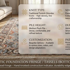 May include: A rectangular area rug with a distressed Oushak palette featuring stylized palmettes and geometric motifs, multiple guard borders, and hand-knotted warp-thread fringe. An overlay displays technical specifications including knot type, pile height, material, durability, and customization options.