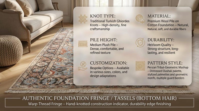 May include: A rectangular area rug with a distressed Oushak palette featuring stylized palmettes and geometric motifs, multiple guard borders, and hand-knotted warp-thread fringe. An overlay displays technical specifications including knot type, pile height, material, durability, and customization options.