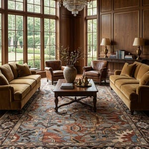 May include: A living room featuring two mustard-colored velvet sofas, two brown leather armchairs, and a wooden coffee table with a ceramic vase. A large, intricate area rug with blue, orange, and brown patterns covers the dark wood floor.