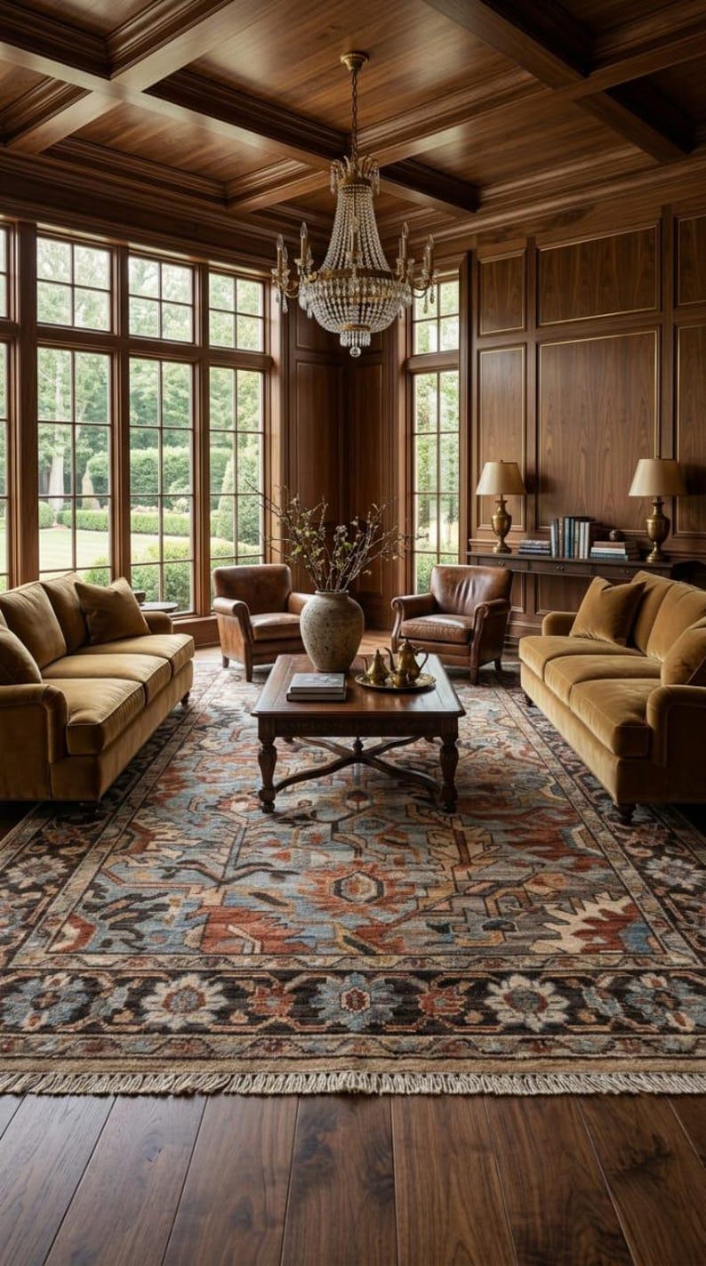 May include: A living room featuring two mustard-colored velvet sofas, two brown leather armchairs, and a wooden coffee table with a ceramic vase. A large, intricate area rug with blue, orange, and brown patterns covers the dark wood floor.