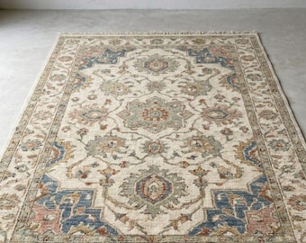 Hand Knotted Turkish Oushak Rug, Handmade Wool Carpet, Vintage Floral Area Rug, Farmhouse Home Decor, Custom Rug