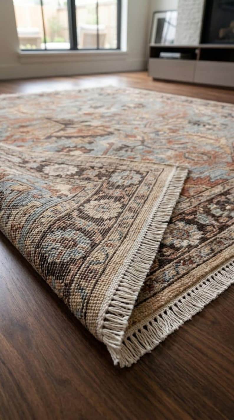 May include: A rectangular area rug featuring a complex floral and geometric pattern in shades of dusty blue, terracotta, and cream. The rug has a dark brown border with intricate detailing and a short, cream-colored fringe along the edge.