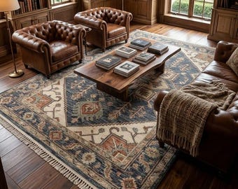 Traditional Hand Knotted Wool Rug, Navy Blue Kazak Design, Premium Area Carpet