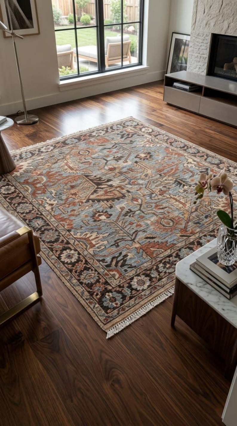 May include: A rectangular area rug featuring a complex pattern in shades of dusty blue, terracotta, cream, and dark brown. The rug has a wide decorative border with floral motifs and short white fringe along the edges, laid flat on a dark wood floor.