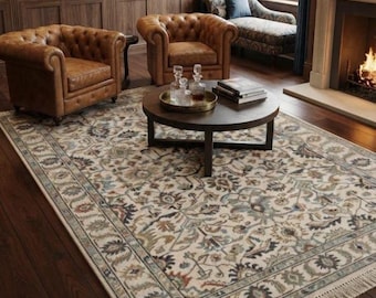 Hand Knotted Oriental Rug - Vintage Floral Wool Carpet - Persian Style Area Rug - Neutral Boho Rug - Traditional Home Decor