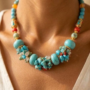 Op de afbeelding: Een turquoise kralenketting met gouden accenten en kleine diamantversieringen. De ketting heeft een verscheidenheid aan turquoise kralen, koraalkralen en goudkleurige metalen elementen. De ketting is een statement-sieraad.