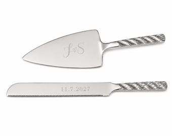 Personalised engraved cake knife server set