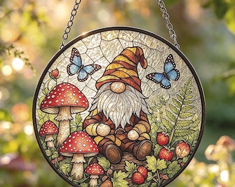 Forest Gnome Glass Suncatcher,Garden Window Art,Mother's Day Gift