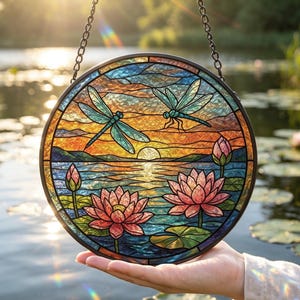 May include: A circular stained glass suncatcher featuring two blue dragonflies flying over a pond with pink lotus flowers and green lily pads. The scene depicts a sunset with orange and yellow hues reflecting on the water, enclosed in a dark frame.