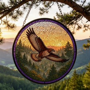 May include: A circular stained glass suncatcher featuring a brown hawk in flight against a textured golden sunset sky and a dense green pine forest. The piece is framed by a dark metal border with a purple accent and hangs from a silver chain.