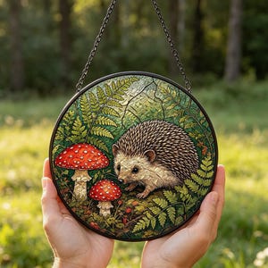 May include: A circular stained glass suncatcher featuring a detailed illustration of a hedgehog standing near two red and white spotted mushrooms amidst green fern leaves. The piece is framed in a thin black metal border with a black hanging chain.