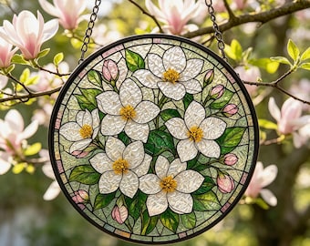 Magnolia Flower Glass Suncatcher, Floral Window Decor,Birthday Gift for Her