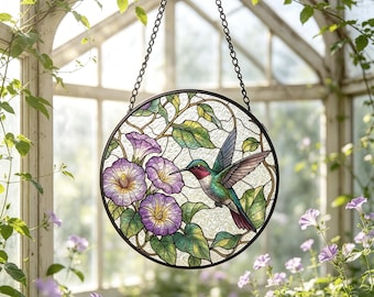 Hummingbird  Stained Glass Suncatcher, Hummingbird Light Catcher Window Hanging, Nature Botanical Home Decor & Gift