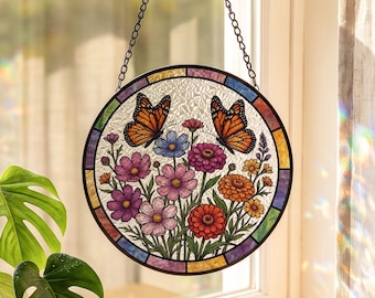Butterfly Wildflower Stained Glass Suncatcher, Floral Window Hanging, Nature Home Decor & Gift