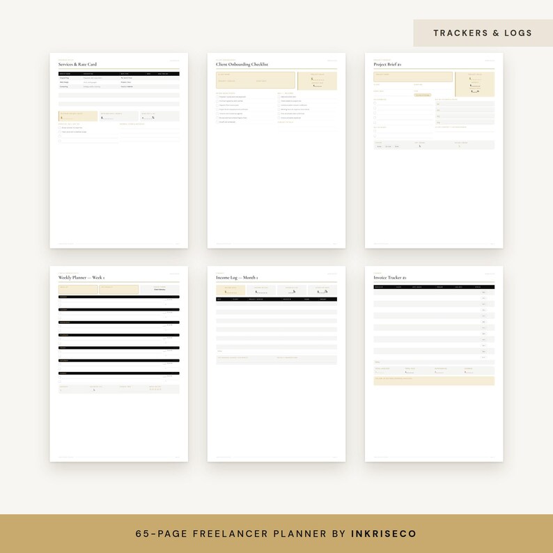 May include: Six white digital planner pages with black text and beige accents. The pages are titled Services & Rate Card, Client Onboarding Checklist, Project Brief, Weekly Planner, Income Log, and Invoice Tracker. The text 65-PAGE FREELANCER PLANNER BY INKRISECO is at the bottom.