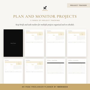 May include: A digital project tracker set featuring 11 pages of project tracking templates. The layout includes a black cover page and multiple white pages with beige accents, displaying project briefs and task trackers for planning and monitoring.