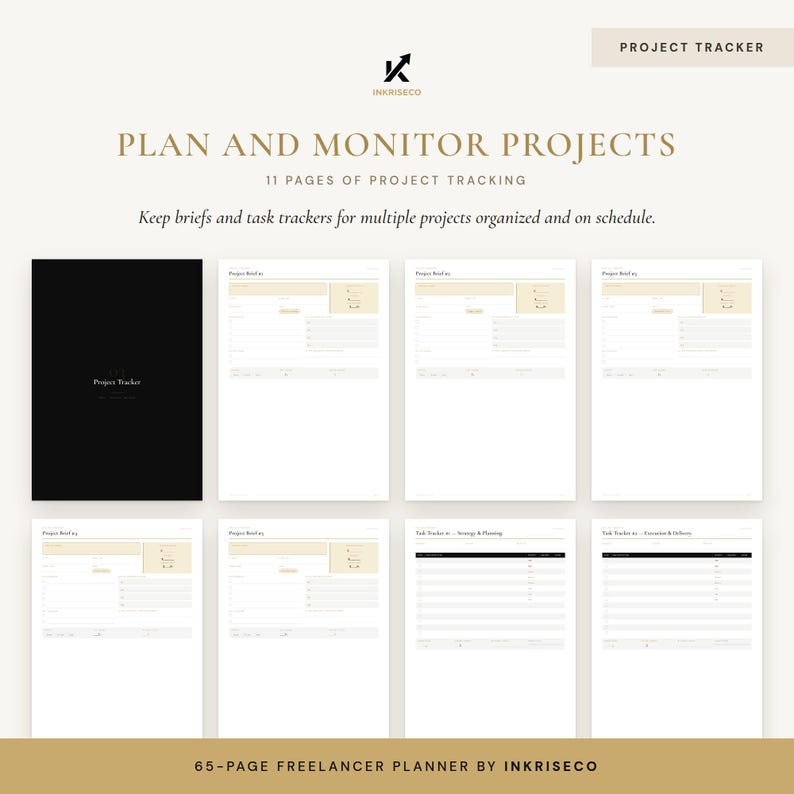 May include: A digital project tracker set featuring 11 pages of project tracking templates. The layout includes a black cover page and multiple white pages with beige accents, displaying project briefs and task trackers for planning and monitoring.