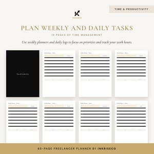 May include: A 65-page freelancer planner by Inkriseco featuring a black cover and white interior pages with black horizontal lines for weekly and daily tasks. The text includes Time & Productivity, Plan Weekly and Daily Tasks, and 15 Pages of Time Management.