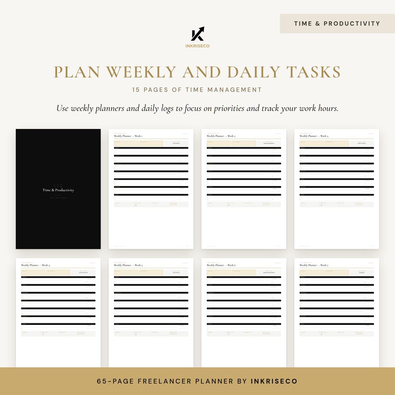 May include: A 65-page freelancer planner by Inkriseco featuring a black cover and white interior pages with black horizontal lines for weekly and daily tasks. The text includes Time & Productivity, Plan Weekly and Daily Tasks, and 15 Pages of Time Management.