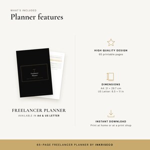 May include: A black Freelancer Planner with white text, featuring 65 printable pages. Dimensions are A4 at 21 x 29.7 cm and US Letter at 8.5 x 11 inches. The document includes a high quality design and is available for instant download to print.