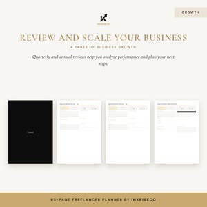May include: A four-page business growth planner set by Inkriseco featuring a black cover with the word Growth, followed by three white pages titled Quarterly Business Review Q1, Q2, and Annual Freelance Business Review with structured fields.