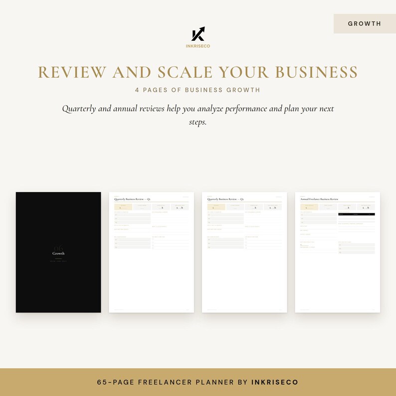 May include: A four-page business growth planner set by Inkriseco featuring a black cover with the word Growth, followed by three white pages titled Quarterly Business Review Q1, Q2, and Annual Freelance Business Review with structured fields.