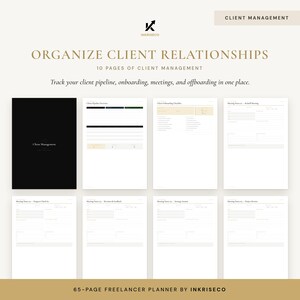 May include: A 10-page client management planner set featuring a black cover page with white text and nine white interior pages with black text, including a client pipeline overview, onboarding checklist, and various meeting note templates.