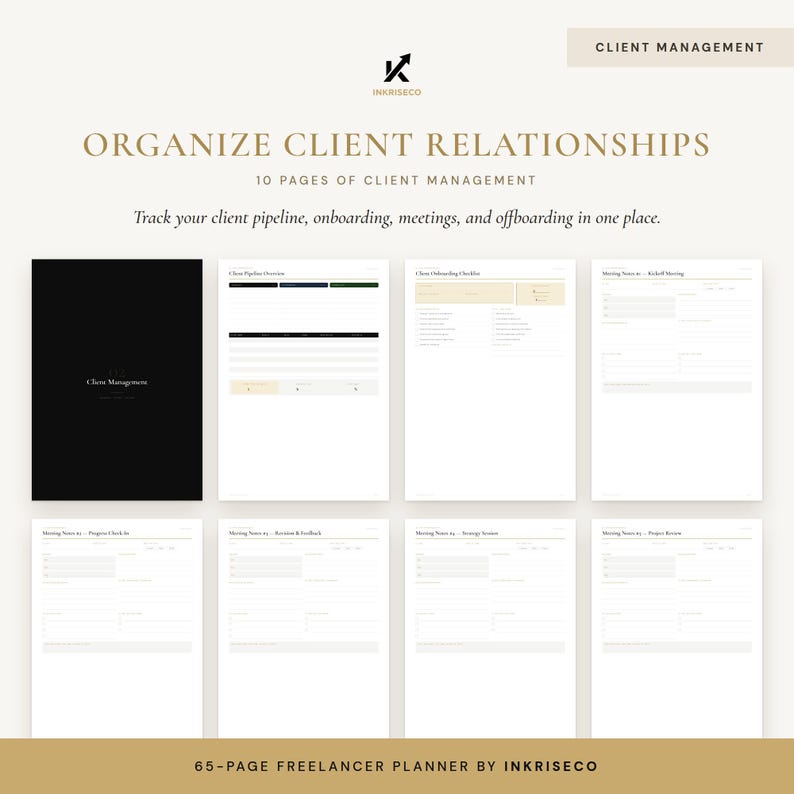 May include: A 10-page client management planner set featuring a black cover page with white text and nine white interior pages with black text, including a client pipeline overview, onboarding checklist, and various meeting note templates.