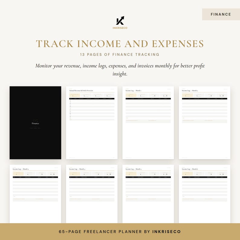 May include: A 13-page finance tracking set featuring a black cover with the text 05 Finance and multiple white pages with tables for income logs, expenses, and invoices. The top text reads Track Income and Expenses and 13 Pages of Finance Tracking.