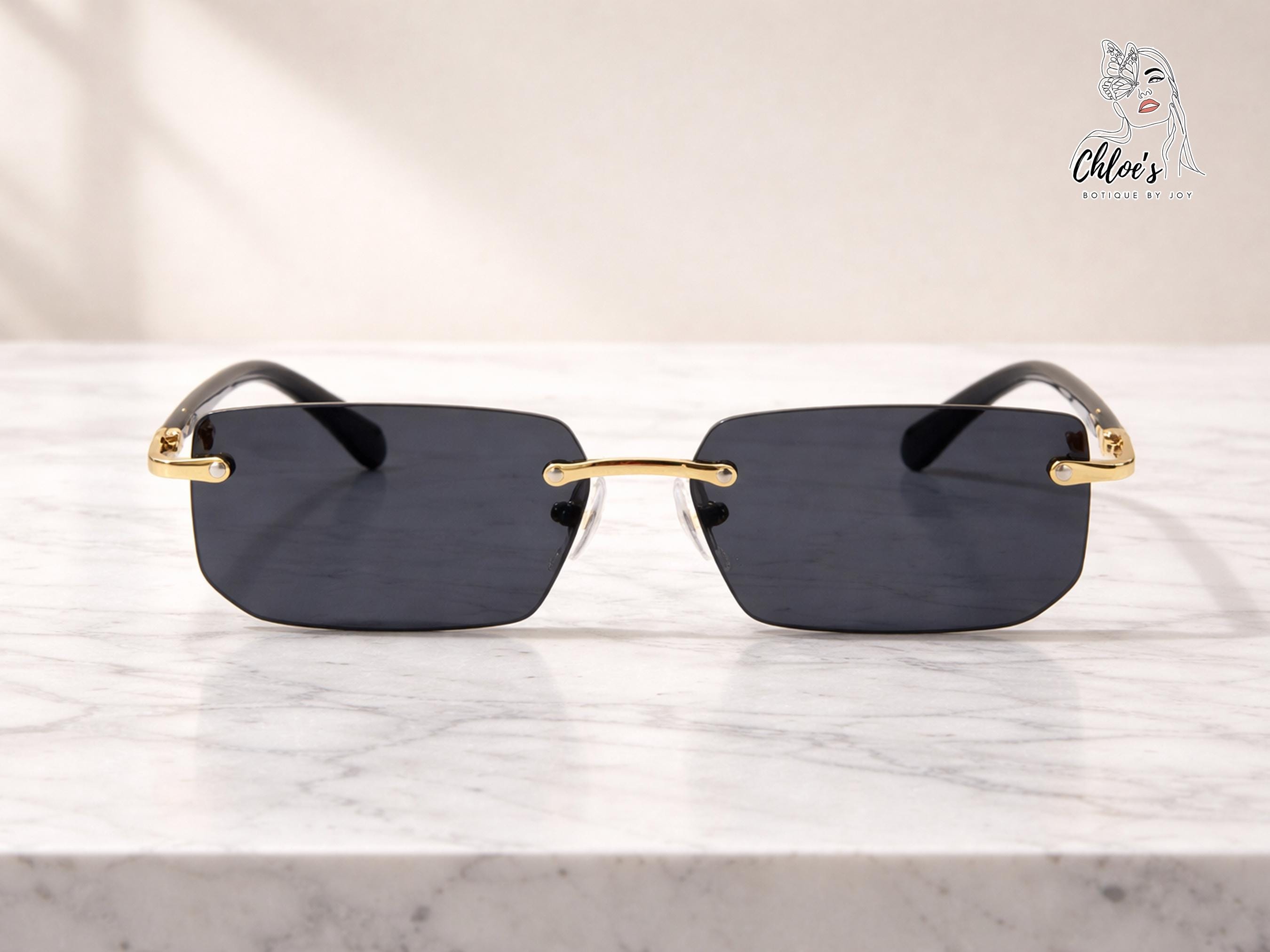 ?New Vintage Black Sunglasses for Women Men Rectangle Rimless Metal Shades Amazon.com: Street Knitted Rimless Sunglasses 90s Retro  main image 3
