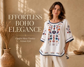 Geborduurde katoenen linnen blouse | Gebloemde boho-tuniek | Casual zomertop voor dames